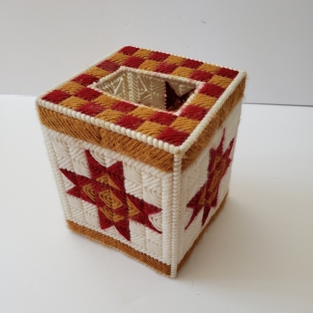 Vintage Crochet Tissue Box Cover Geometric Star Cross Red Camel Cream Square 6